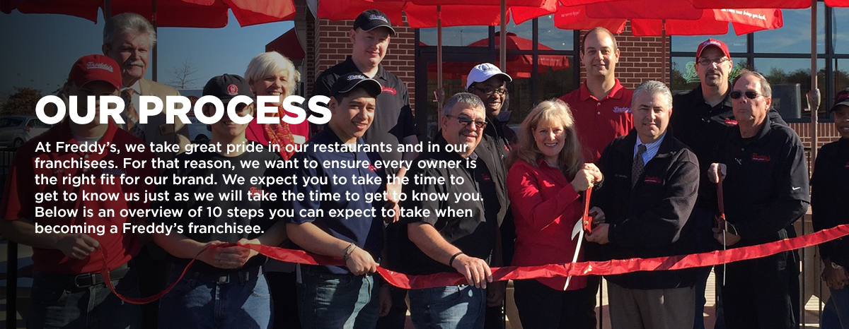 Our process: At Freddy’s, we take great pride in our restaurants and in our franchisees. For that reason, we want to ensure every owner is the right fit for our brand. We expect you to take the time to get to know us just as we will take the time to get to know you. Below is an overview of 10 steps you can expect to take when becoming a Freddy’s franchisee.